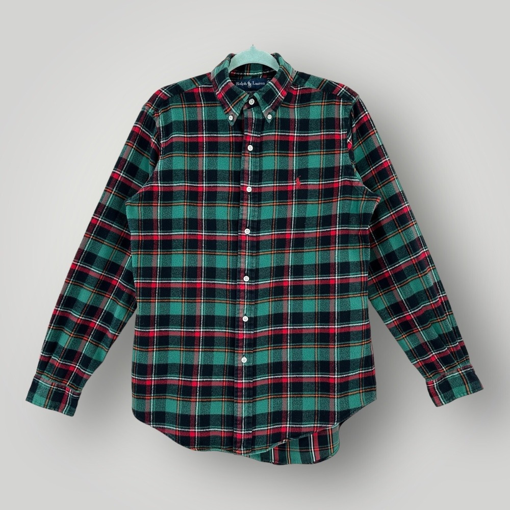 Ralph Lauren Flannel Shirt M Tartan Plaid Custom Fit Long Sleeves Red Pony